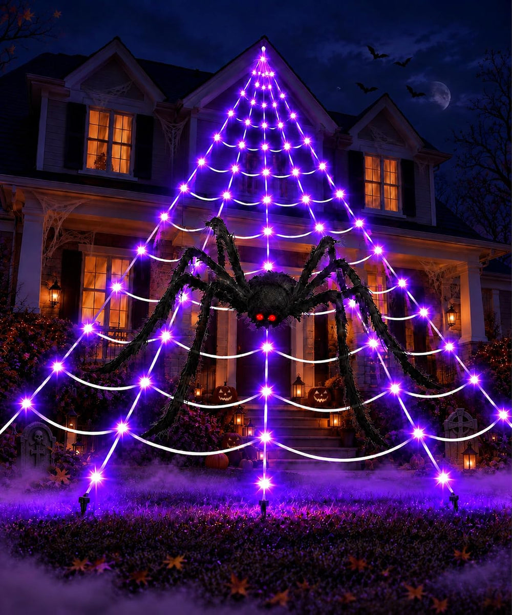 Giant Lighted Spider Web Halloween Decorations, 16.4 FT Web with 250 Purple L...