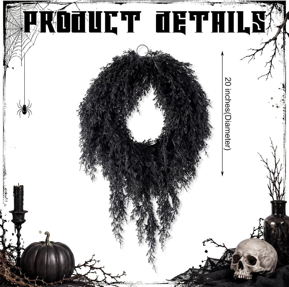 Suncalla 20" Black Halloween Artificial Wreath, Cedar Wreath