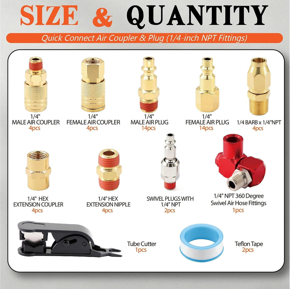 54 Pcs 1/4-inch NPT Air Hose Fittings Coupler Kit 360ยฐ Swivel Quick Connect