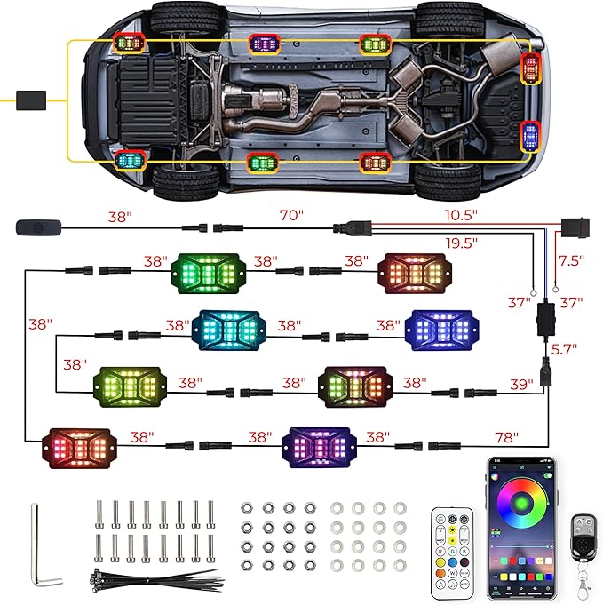 8 Pods 168 LEDs 5 Sides RGB Rock Lights, App/Remote Control Rock Lights