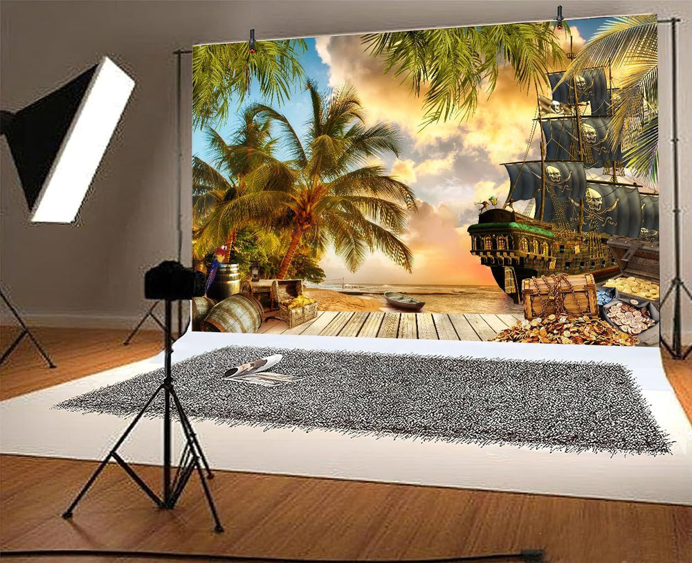 10X8ft Pirate Theme Photo Backdrop Photography Background, Pirate Ship Treasu...