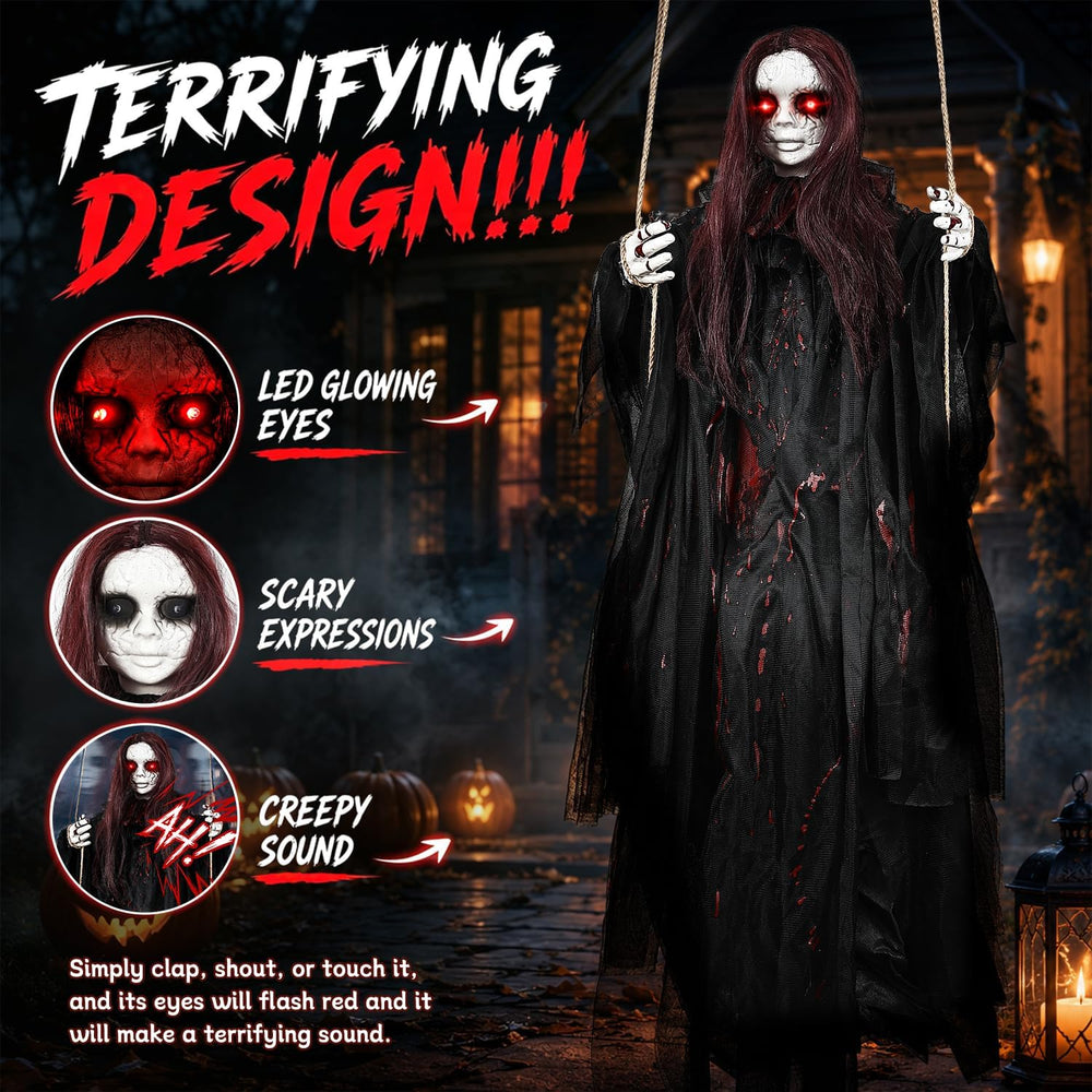 59" Scary Hanging Ghost Girl Halloween Decoration โ Sound & Touch Ac...