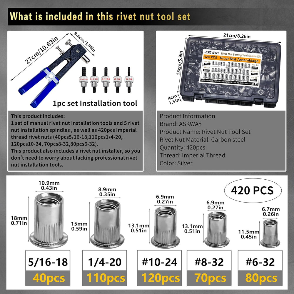 SAE Rivet Nut Tool 420pcs Imperial Carbon Steel Rivet Nut Tool Kit, (5/16-18、...