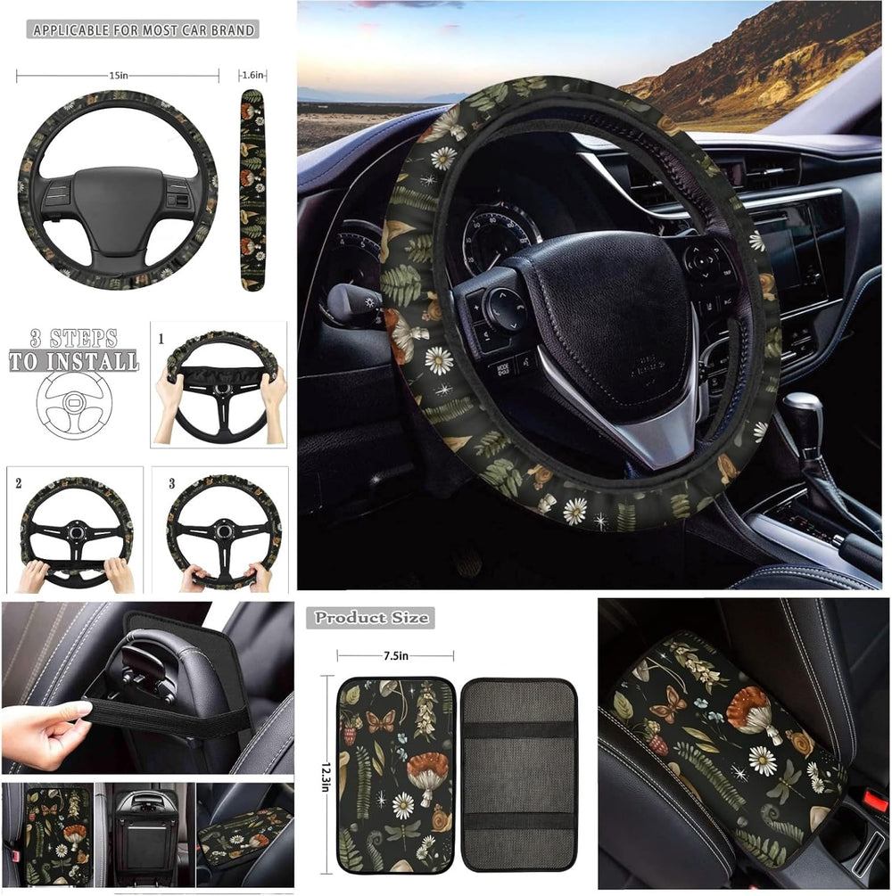 Mushroom Car Seat Covers Full Set of 12 Pcs,Retro Mushroom Auto Steering Whee...