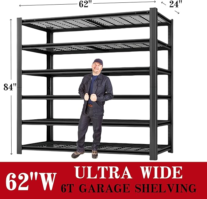 6T 62" W x 24" D x 84" H Garage Shelving Heavy Duty Metal Shel...