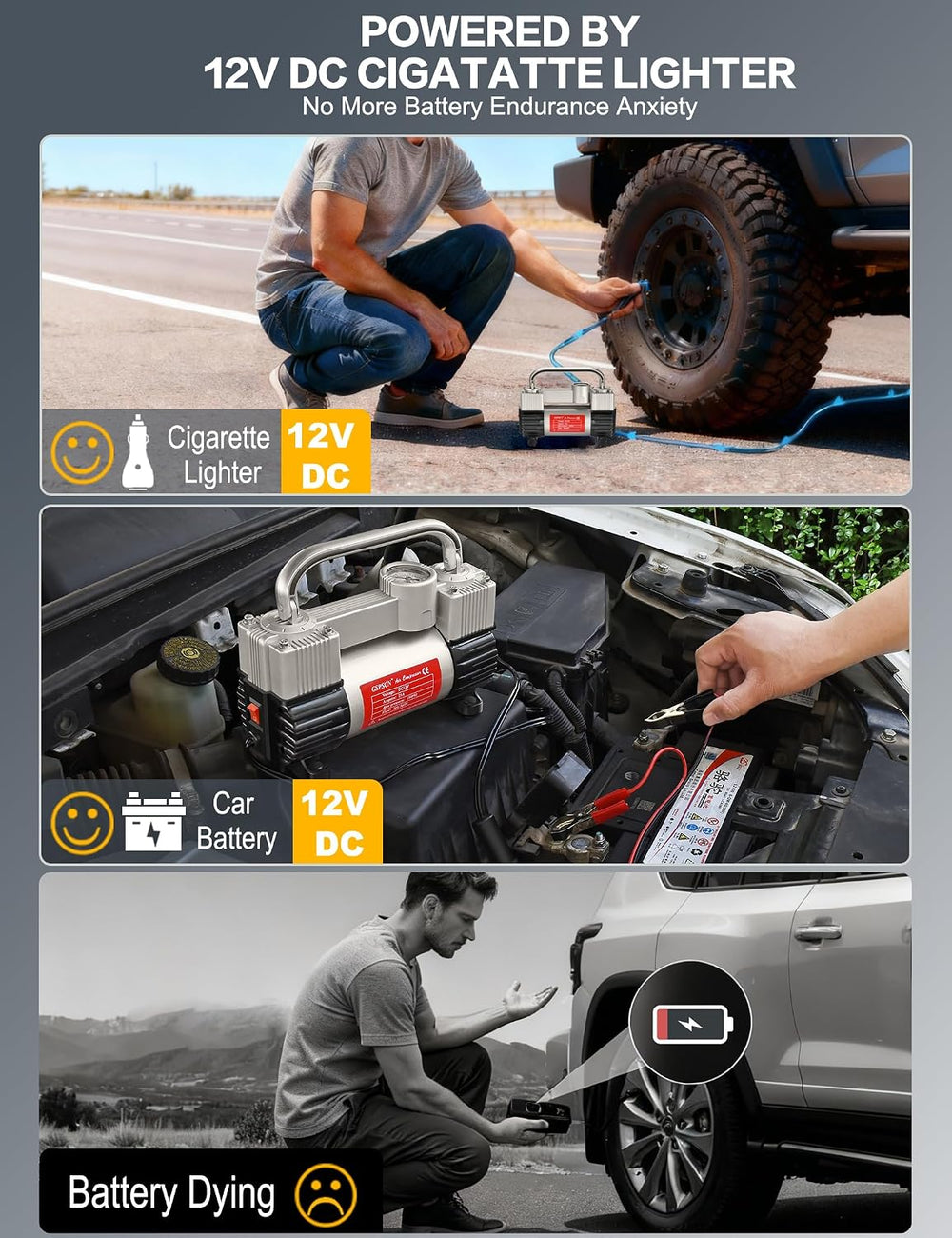 GSPSCN 12V Heavy Duty Tire Inflator Metal Portable Air Compressor Pump