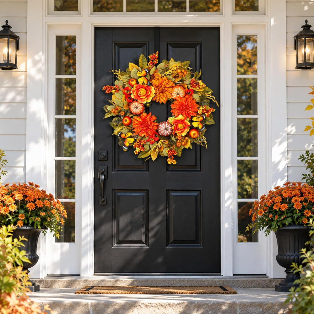 26 Inch Fall Wreaths for Front Door, Large Autumn Harvest Wreath with Pumpkin...