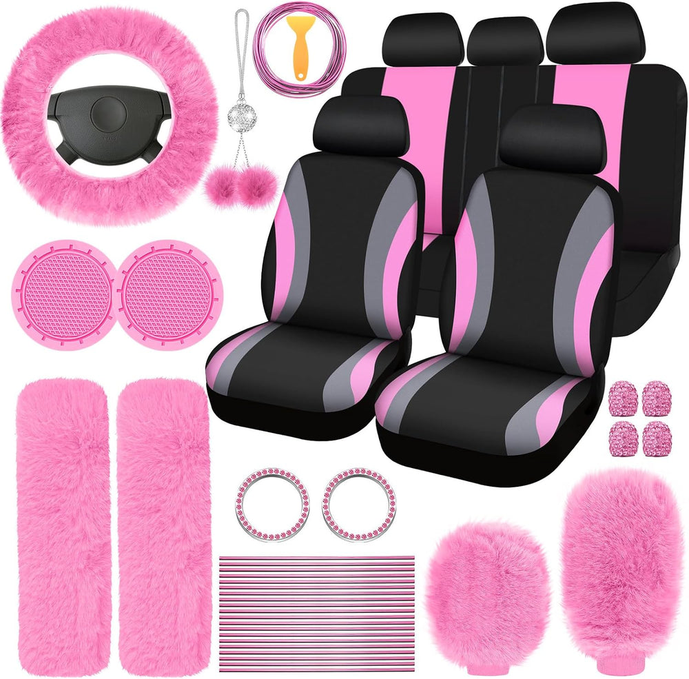 ROCEEI 43 Pcs Fuzzy Car Seat Cover Full Set Pink, Gray, Black