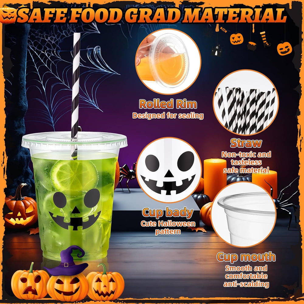 12oz Halloween Disposable Plastic Cups with Lids and Straws