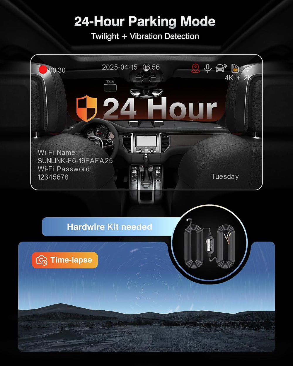 4K Dash Cam Front and Rear, Night Vision, WDR, Free Card Included