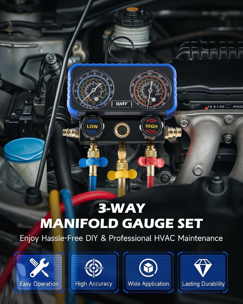 OMT 3-Way AC Manifold Gauge Set for R134a R12 R22 R502, 5 ft Hoses