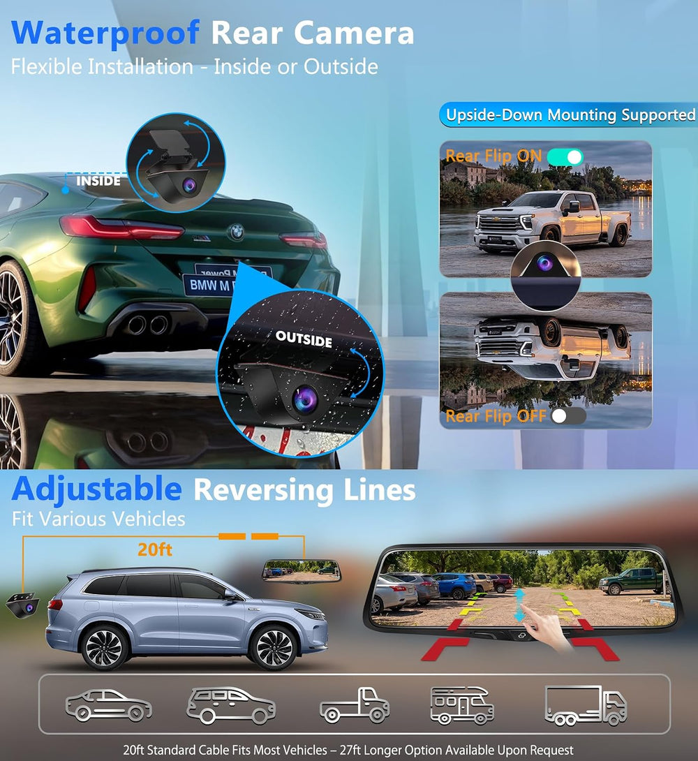 10" OEM Mirror Dash Cam with Detached Front Camera,Rear View Zoom,64GB Card