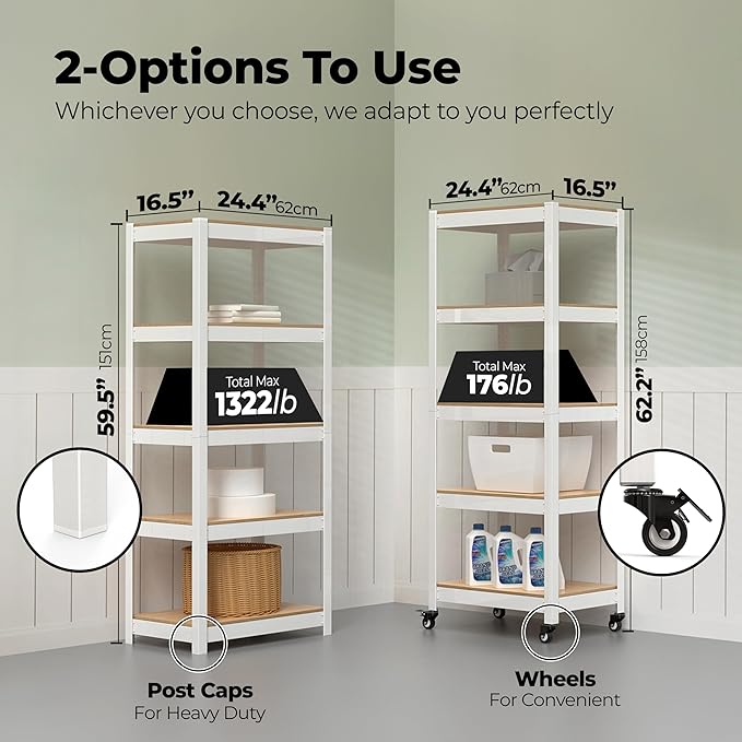 HOMEDANT House White 5-Tier Metal Rolling Cart Shelf Rack Casters Heavy Duty