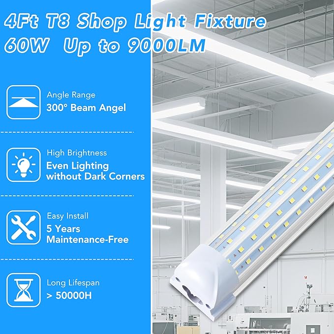 T8 LED Shop Lights 4FT Garage Light, 6 Pack 60W 9600LM 6000K Daylight Work