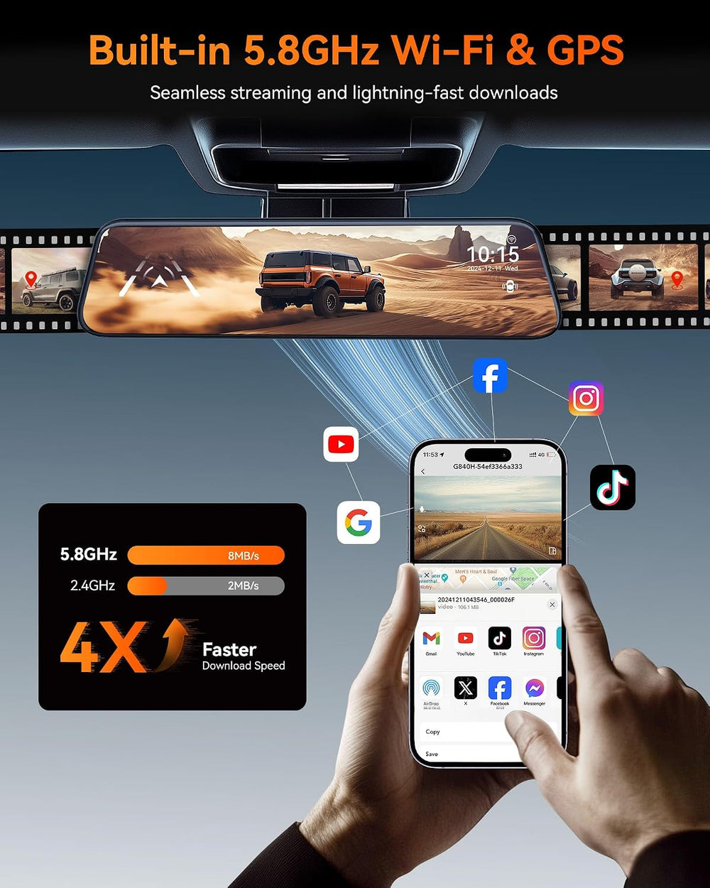 WOLFBOX G840H 12'' Mirror Dash Cam with ADAS and BSD, 2.5K Rear View ...