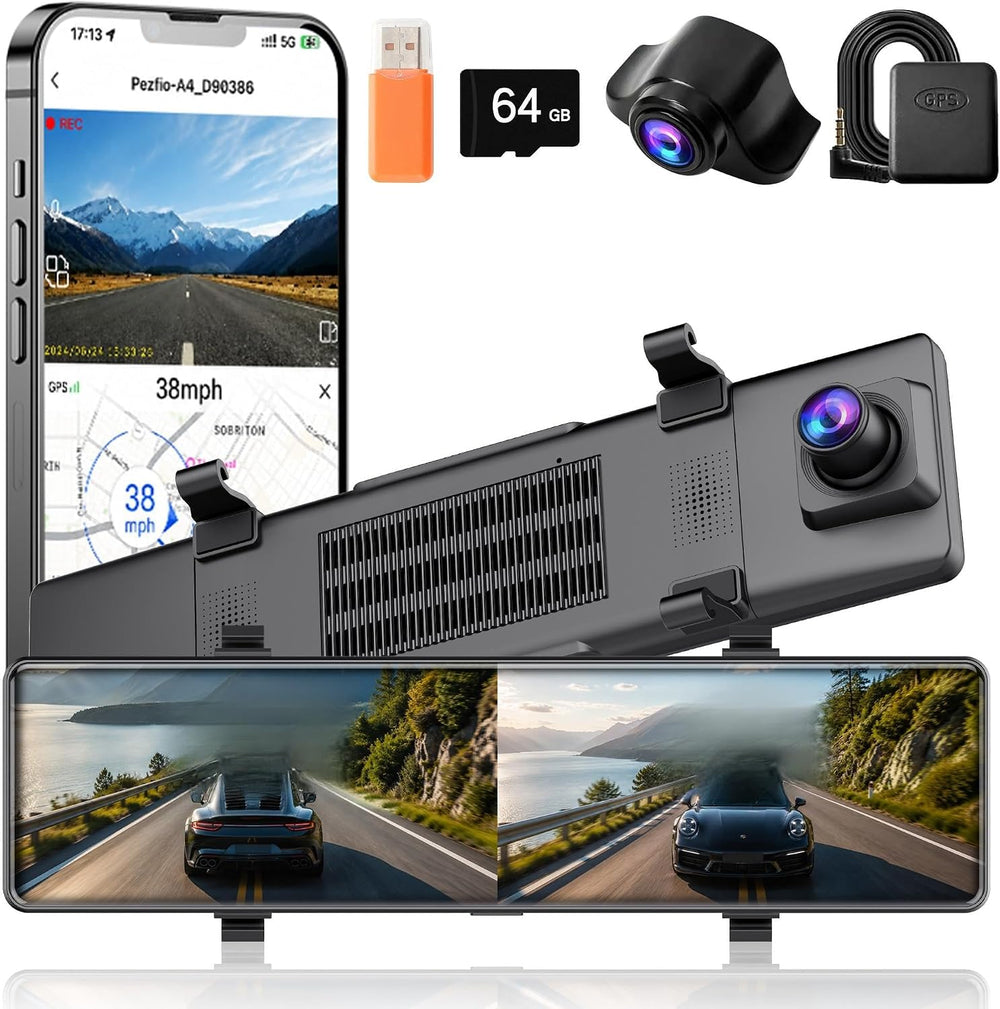 12 Inch Mirror Dash Cam, 4K Front 4K Rear Voice Control with WiFi and GPS