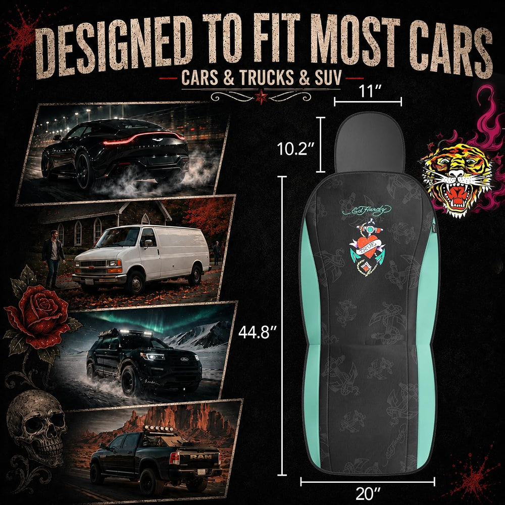 ED HARDY Heart Print Car Seat Covers, Mint Leather Patchwork Design Front Sea...