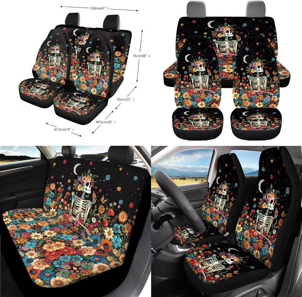 Skeleton Floral Print Full Set Automotive Seat Covers Moon Print Front & ...