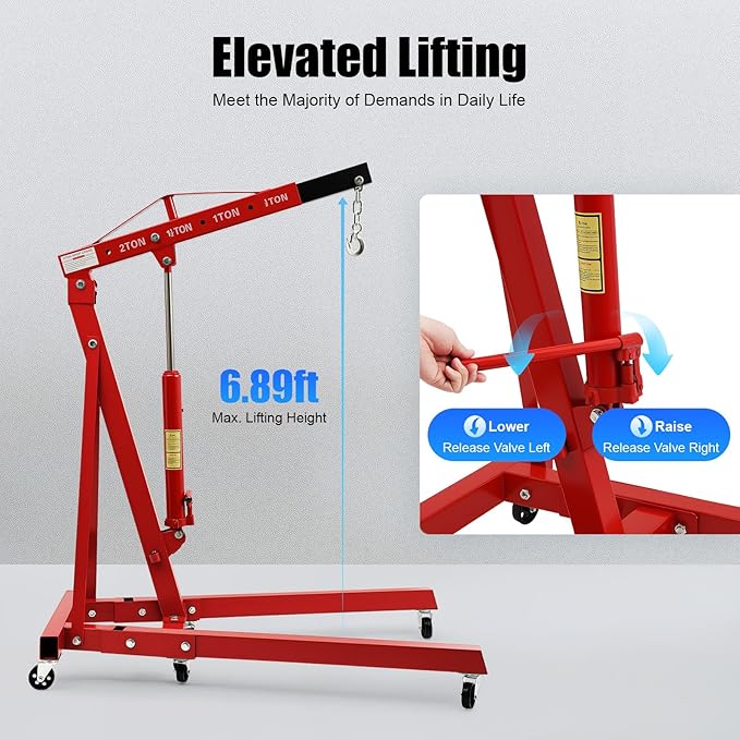 2 Ton Engine Hoist, Folding Hydraulic Engine Crane Red, Heavy Duty Cherry
