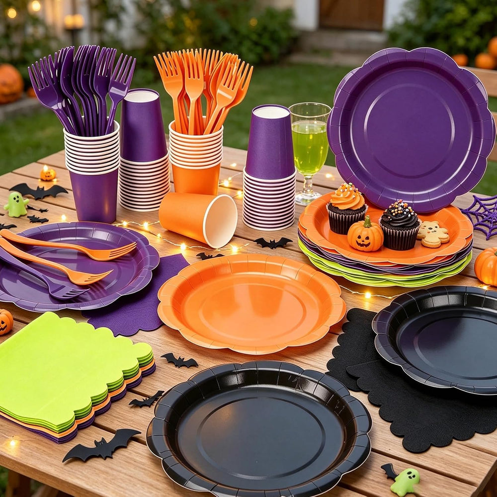 192Pcs Purple Orange Balck Plates and Napkins Party Supplies, Disposable 9โโ ...