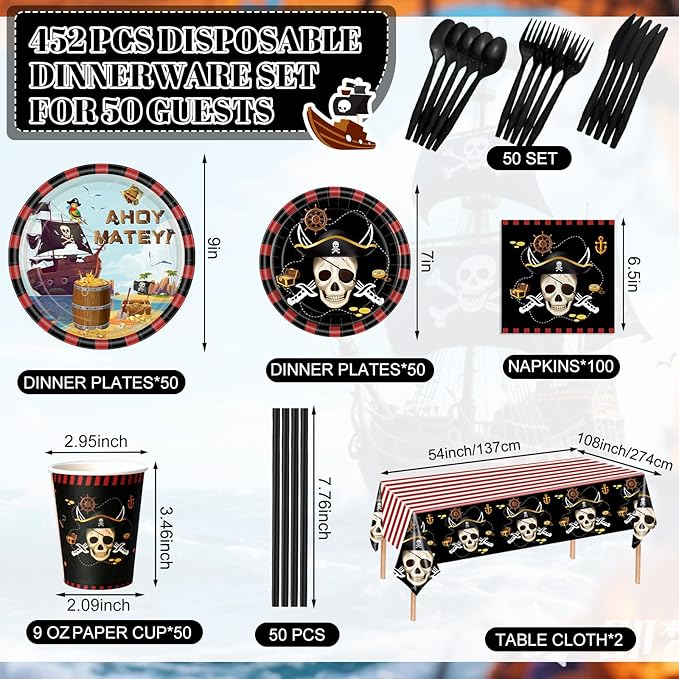 452 Pcs Pirate Party Supplies Decorations for 50 Guests, Pirate Treasure Them...