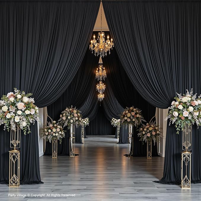 PartyVillage 50ftร15ft Black Backdrop Curtain for Halloween Parties, 10 Panel...