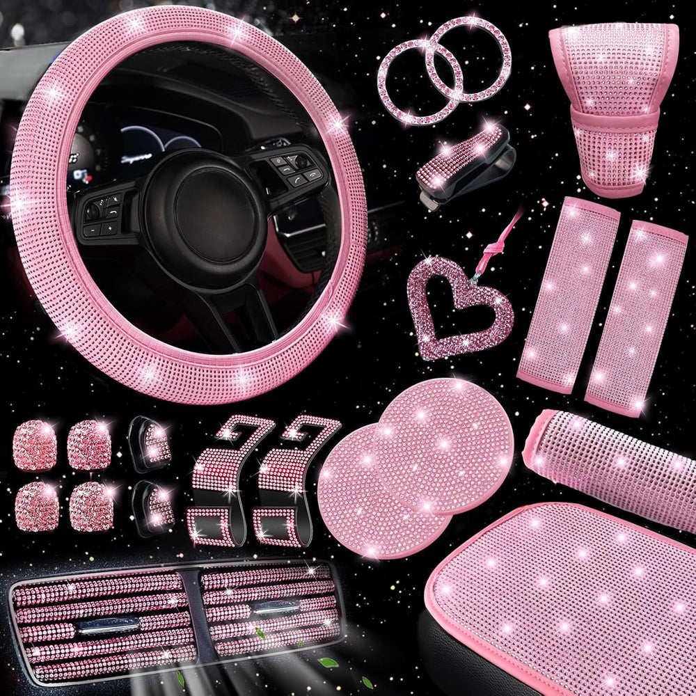 30 Pcs Pink Bling Car Accessories Set for Women, Pink Steering Wheel Cover Se...