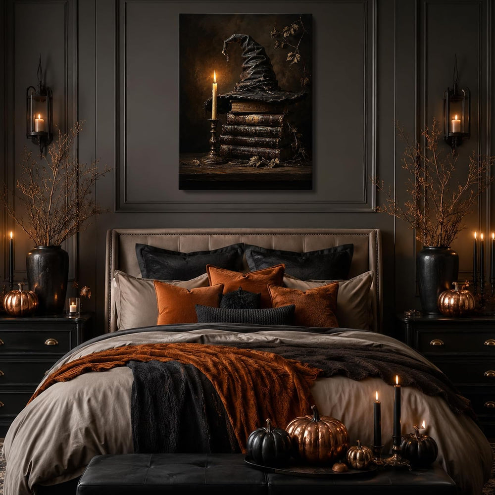 karani Halloween Canvas Wall Art, Witch Hat and Candle Halloween Pictures