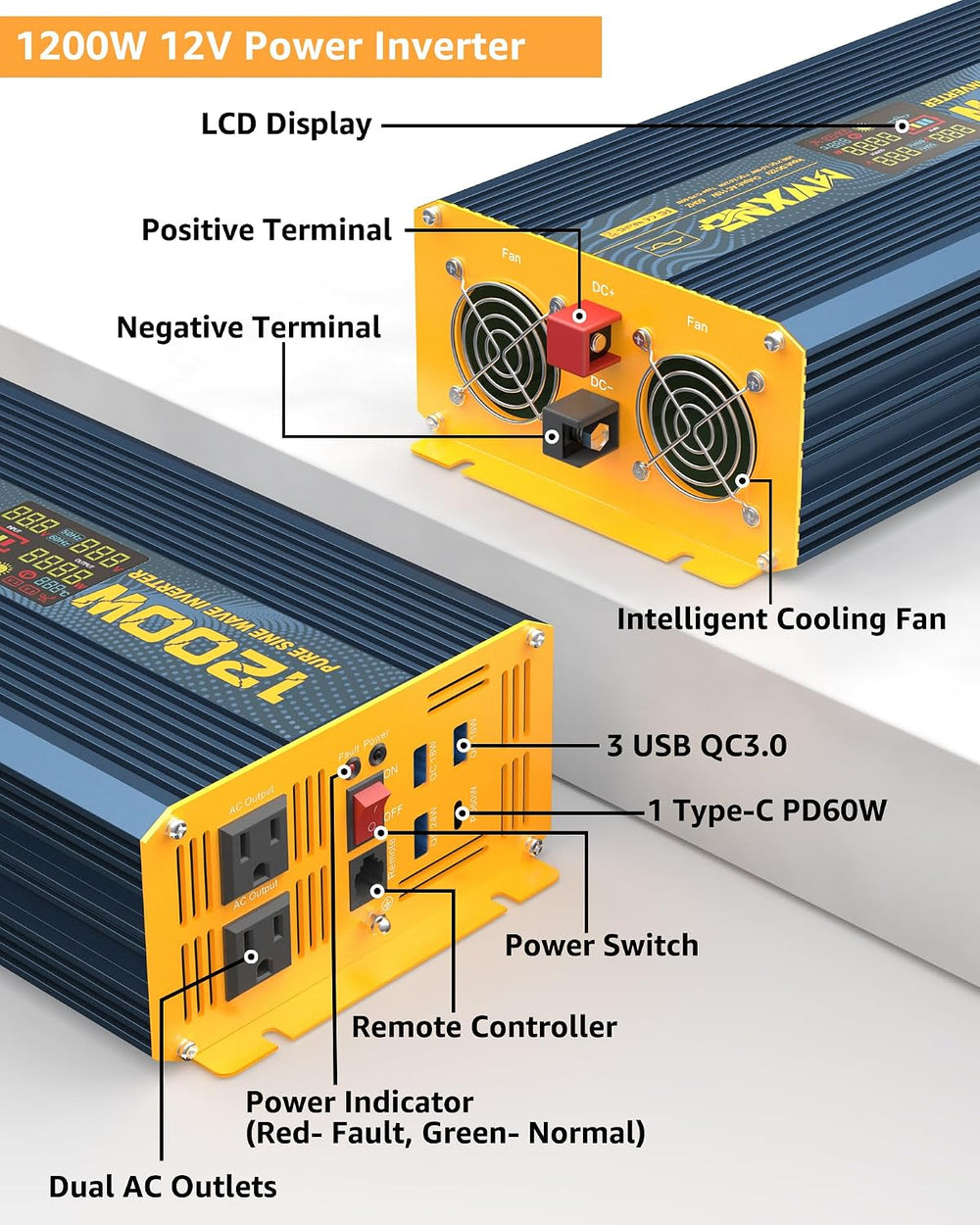 1200 Watt Pure Sine Wave Power Inverter DC 12V to 110V AC Converter with Dual...