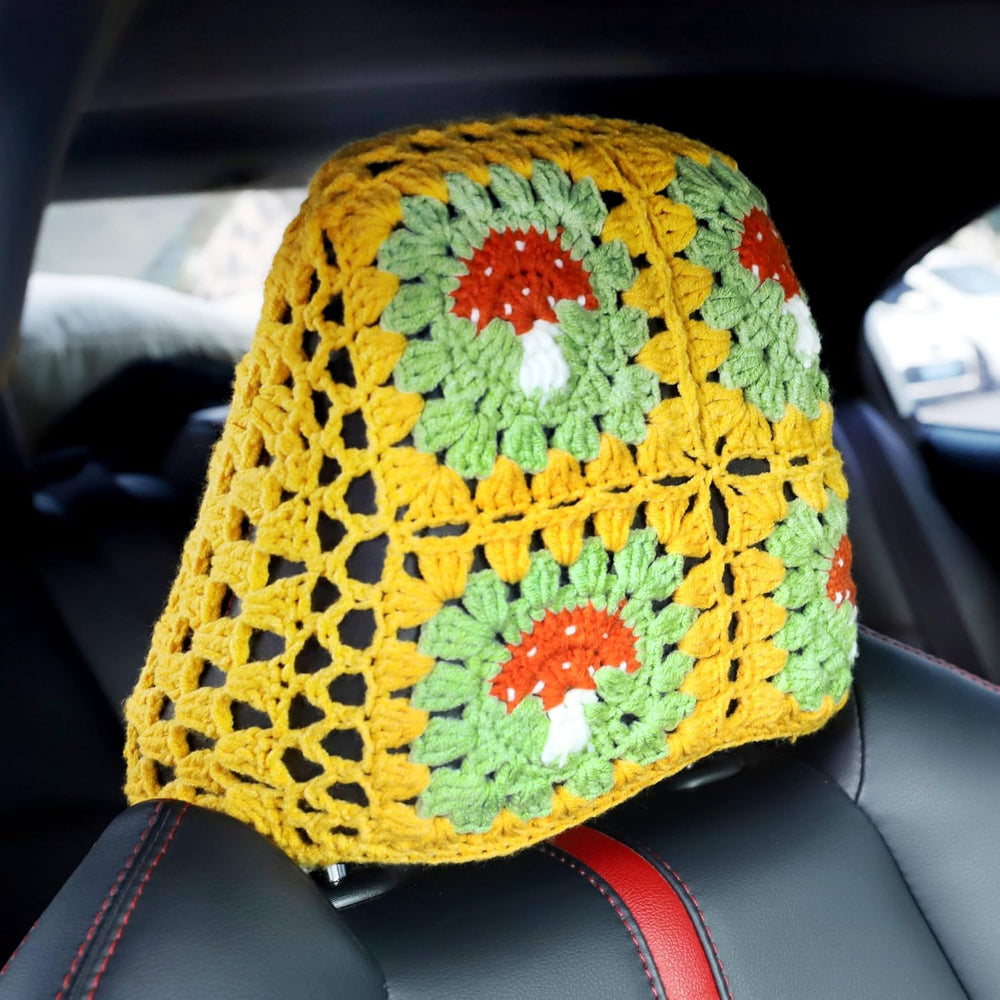 2PCS Crochet Seat Headrest Cover,Car Head Rest Protector,Cute Mushroom Car Ac...