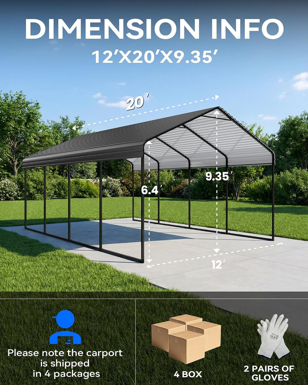 Metal Carport Canopy 12x20FT Heavy Duty with with Top Crossbar