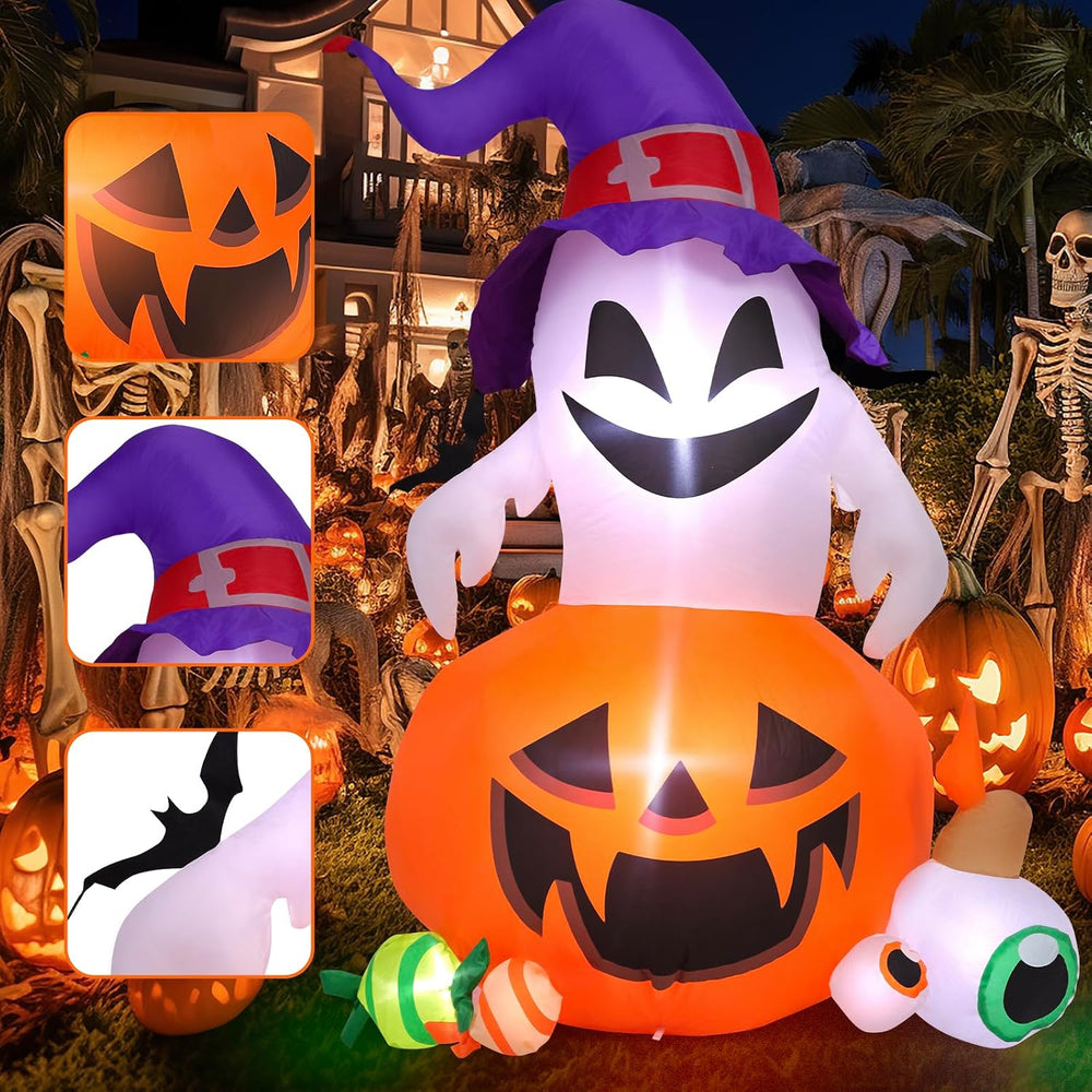 5FT Halloween Inflatable Outdoor Decoration Pumpkin Ghost with Built-in LEDs ...