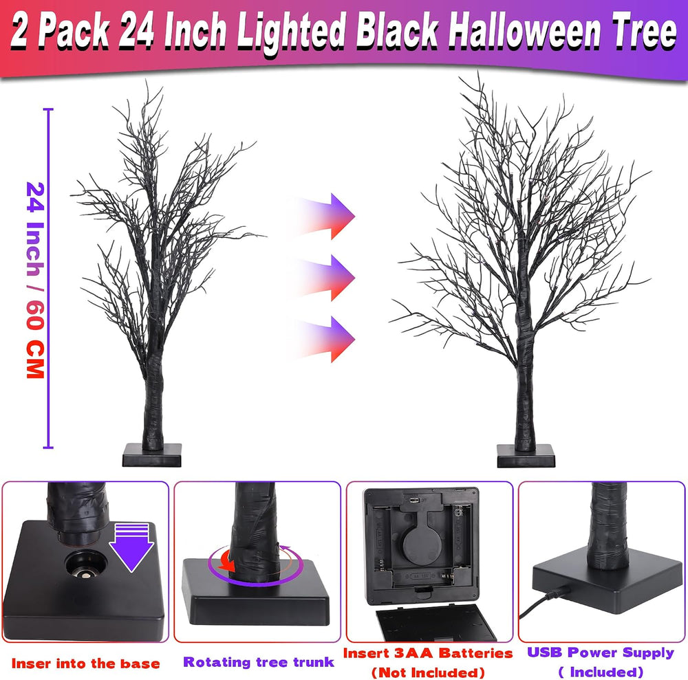 2 Pack 24 Inch Spooky Black Halloween Tree Decorations for Indoor Home Table,...