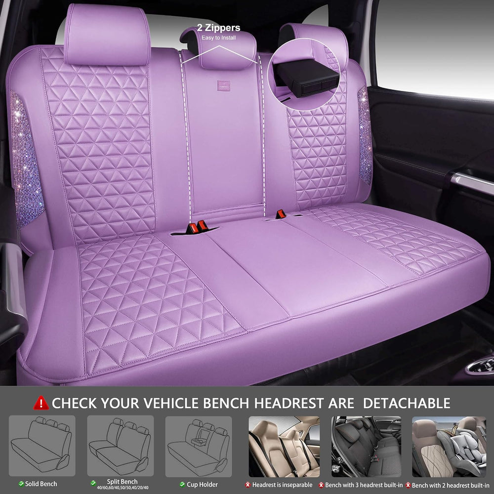 CAR PASS Light Purple Bling Diamond Leather Car Seat Covers Full Sets, Waterp...