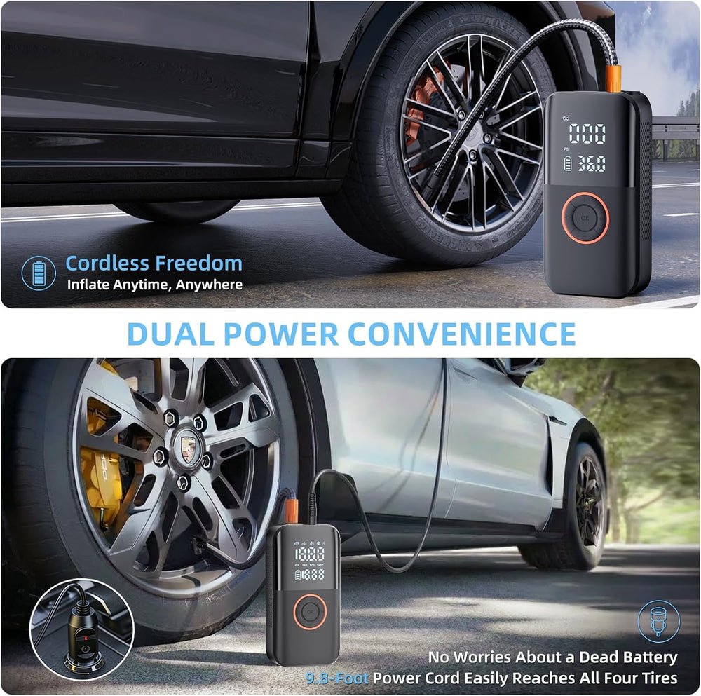 Portable Tire Inflator Dual Power, 150PSI Air Compressor with 12V DC Power