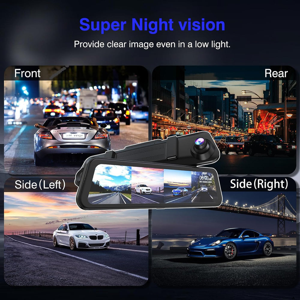 360ยฐ View 4 Channel Mirror Dash Cam Detached Side Camera for Cars