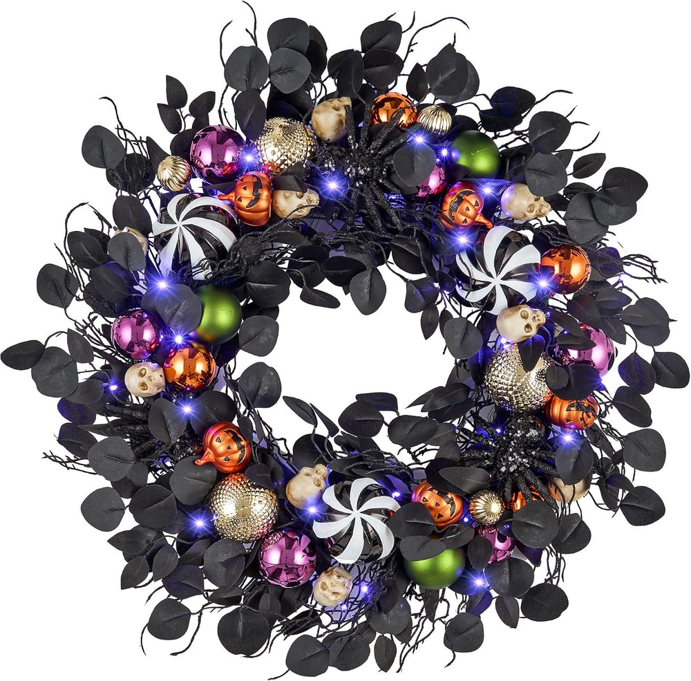 JORNOY 26-Inch Halloween Wreath with Battery Timer - Spider, Balls, Skull