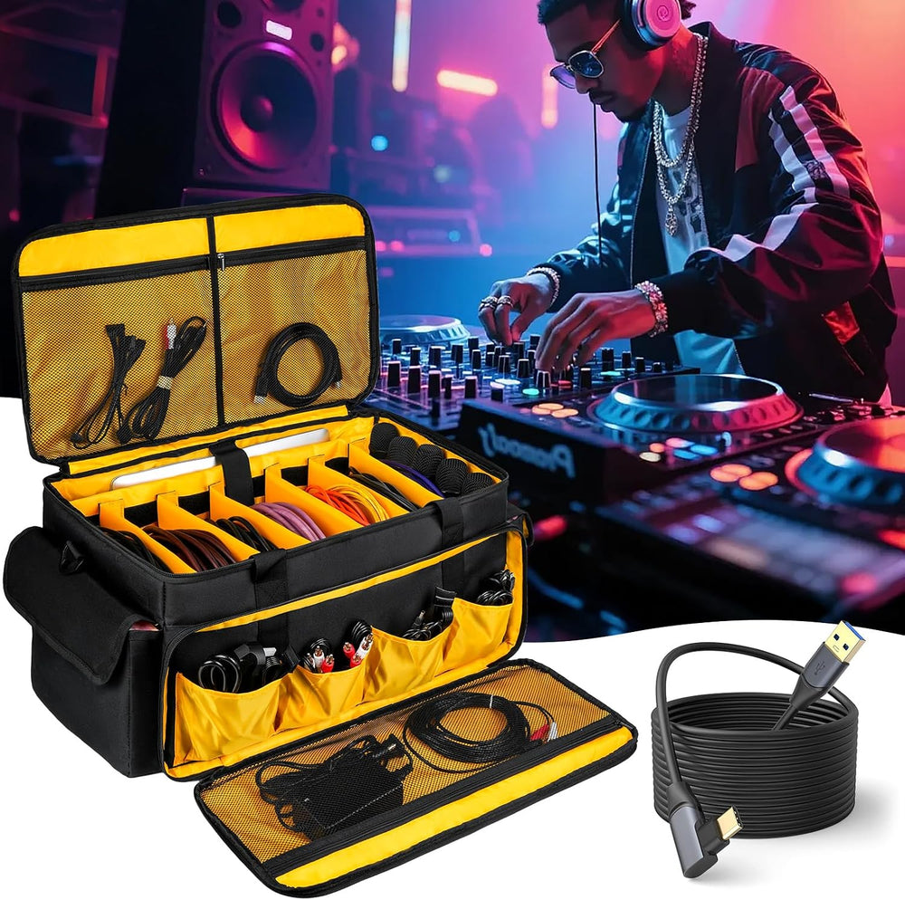 Large DJ Equipment Bag with 6 Detachable Dividers,DJ Cable File Bag with Lapt...