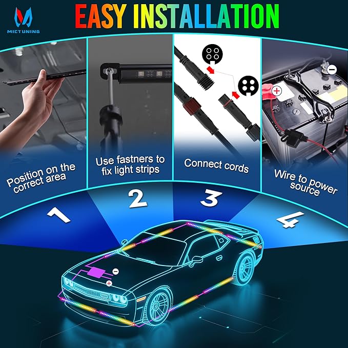 MICTUNING U8 RGB+IC Underglow LED Light Bars 888 LEDs, Dual Remote Control (8...