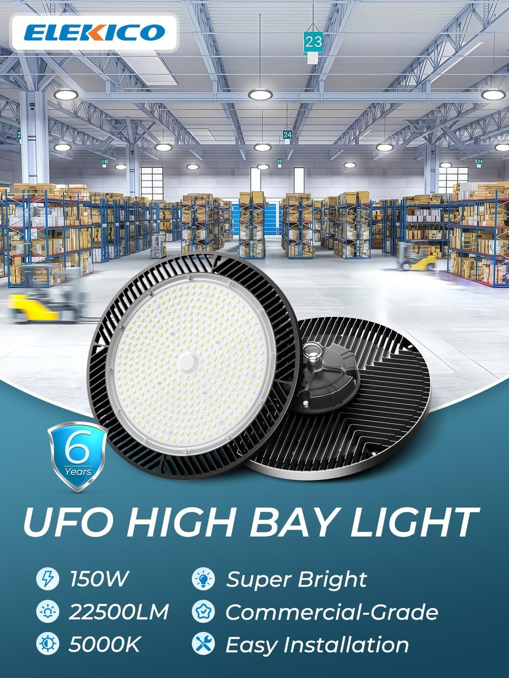 150W High Bay LED Shop Light, 22500LM 5000K UFO LED High Bay Light