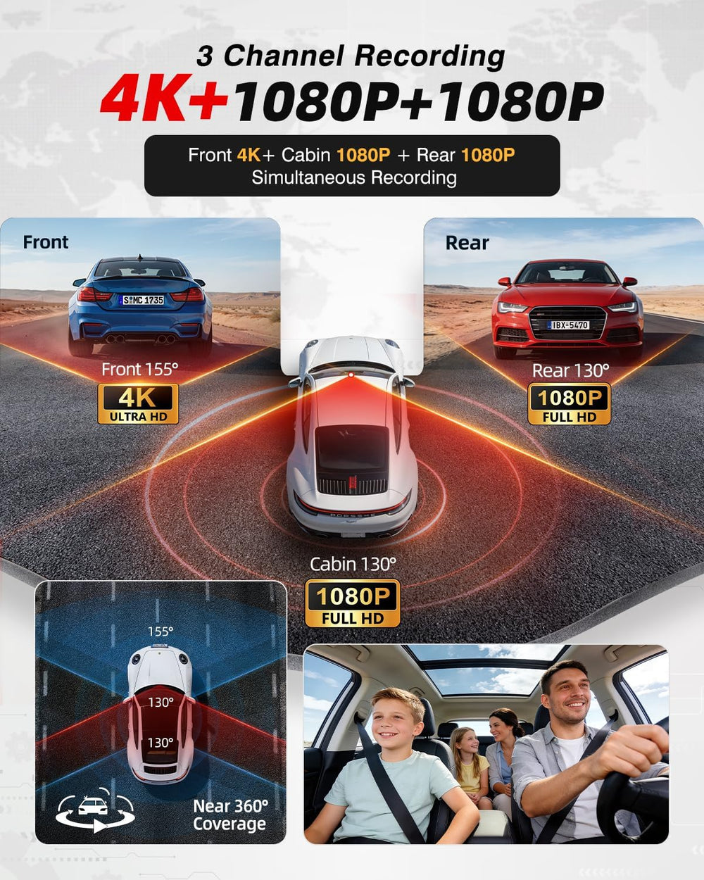 3 Channel Dash Cam Front and Rear, 4K Dash Camera for Cars STARVIS 2 HDR Nigh...