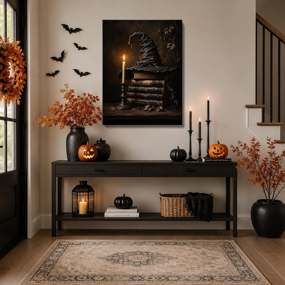 karani Halloween Canvas Wall Art, Witch Hat and Candle Halloween Pictures