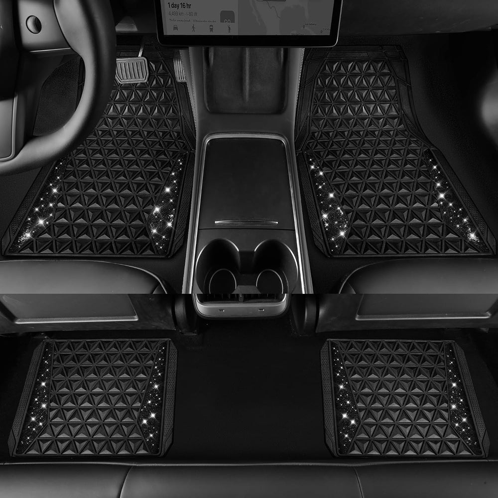 CAR PASS Bling Diamond Car Mats Rubber Floor Mats Full Set Anti-Slip 3D Rhomb...