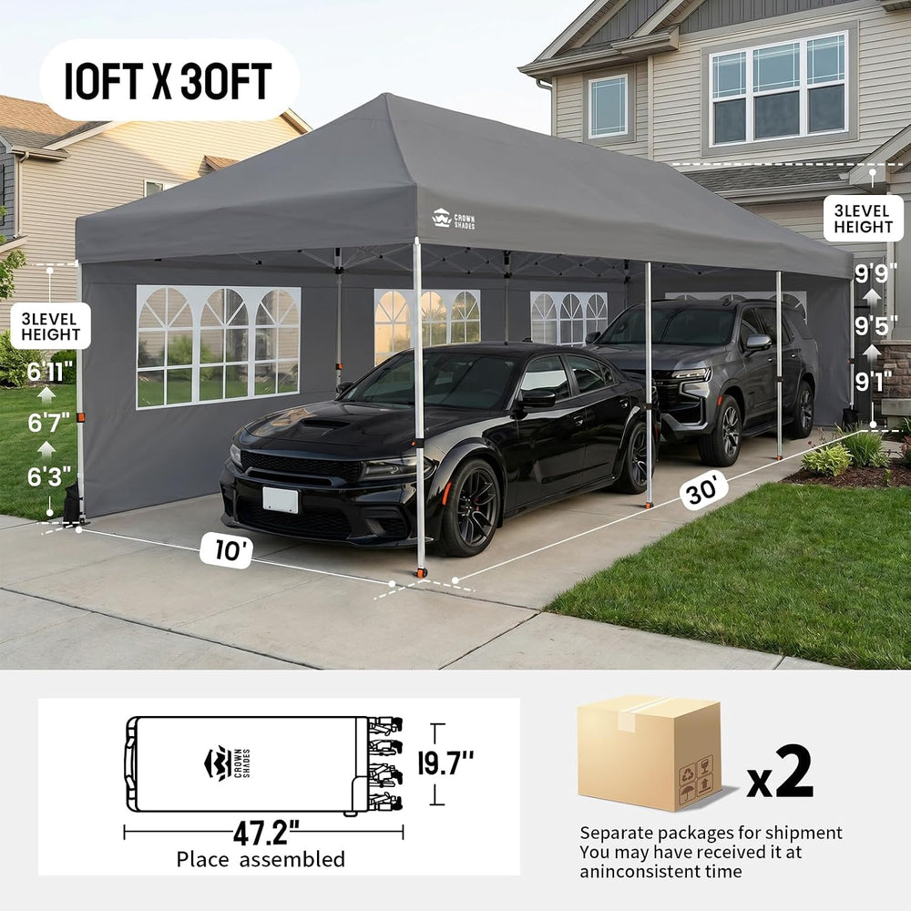 CROWN SHADES 10X30 Pop Up Canopy Tent with Sidewalls, Instant Setup, Gray