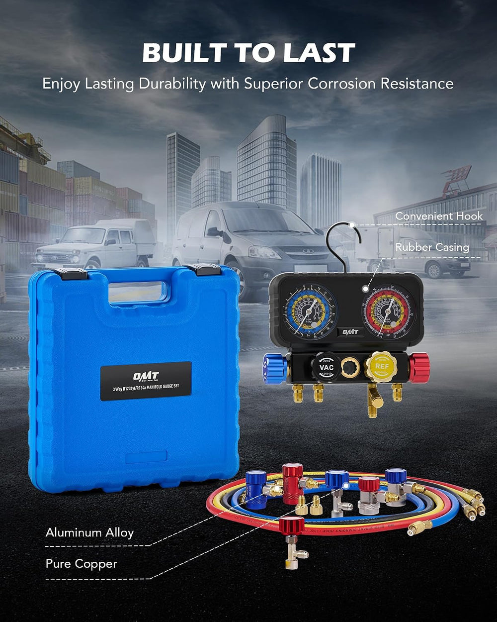 OMT 4-Way AC Manifold Gauge Set for R1234yf R134a R404a with 5ft Hoses