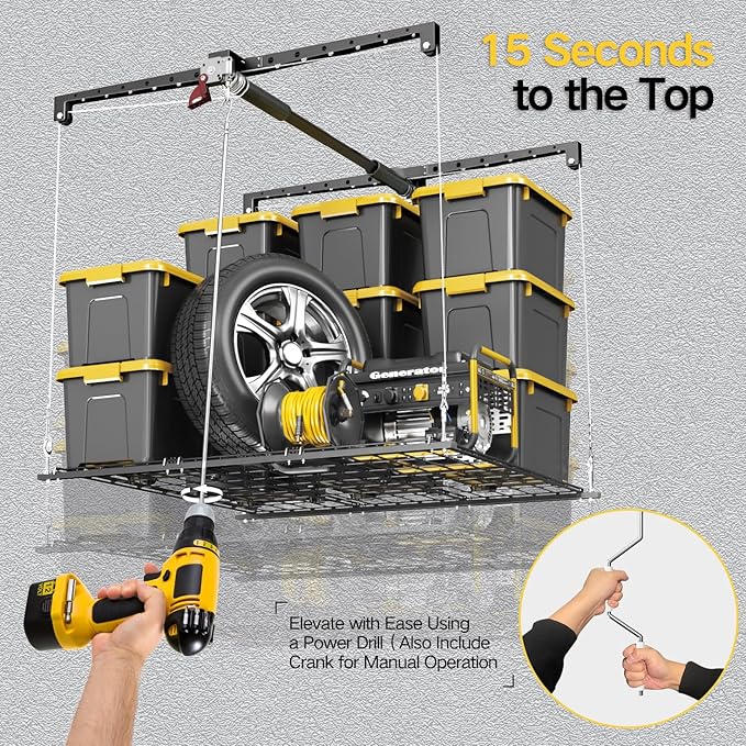 Overhead Garage Storage Rack, 4x4 Ft Adjustable Garage Ceiling Storage Lift