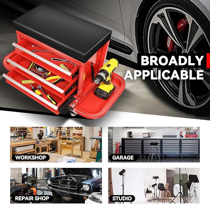 Auto Dynasty 3-Drawer Mechanic Rolling Seat, 350 LBS Capacity Roller Garage