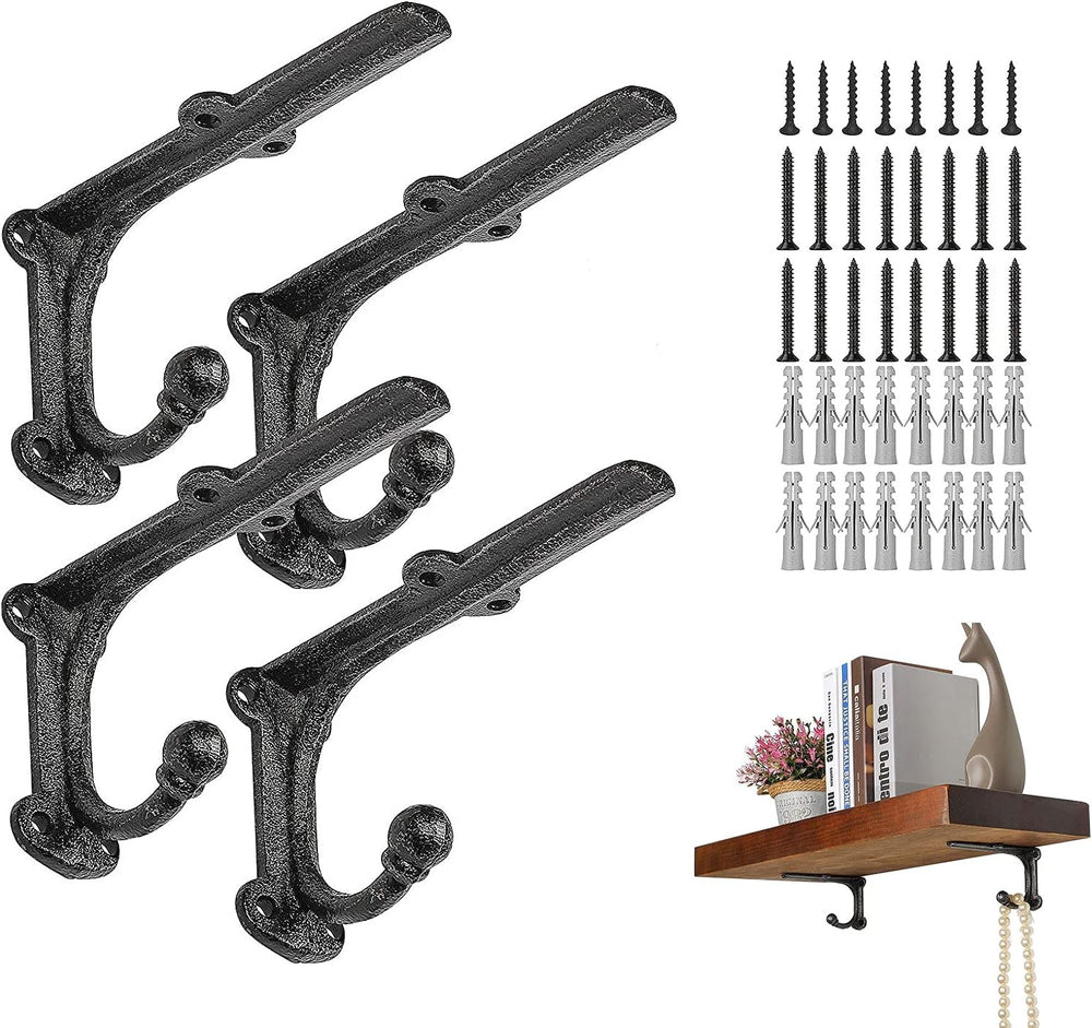 Iron Shelf Brackets with Hooks, 6 Inch, 4 Pack, Black