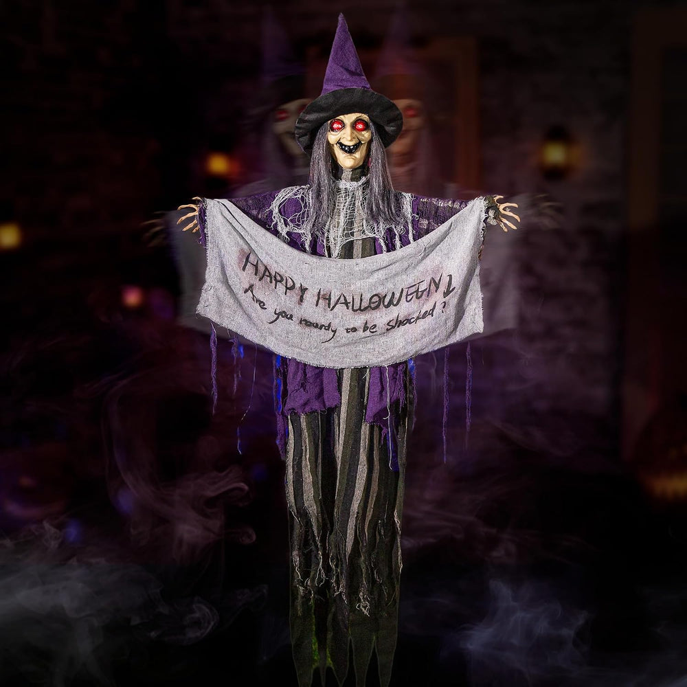 Halloween Animatronics 5ft Hanging Witch, 60inch Floating Animated Witch Deco...