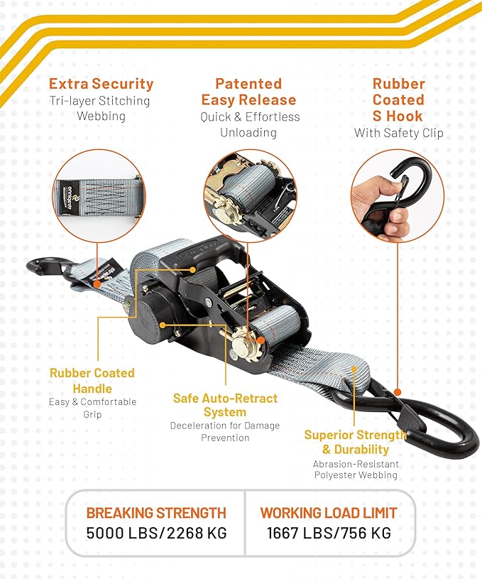 Strapinno Retractable Ratchet Tie-Down Straps, 000 lbs Breaking Strength- 2 in